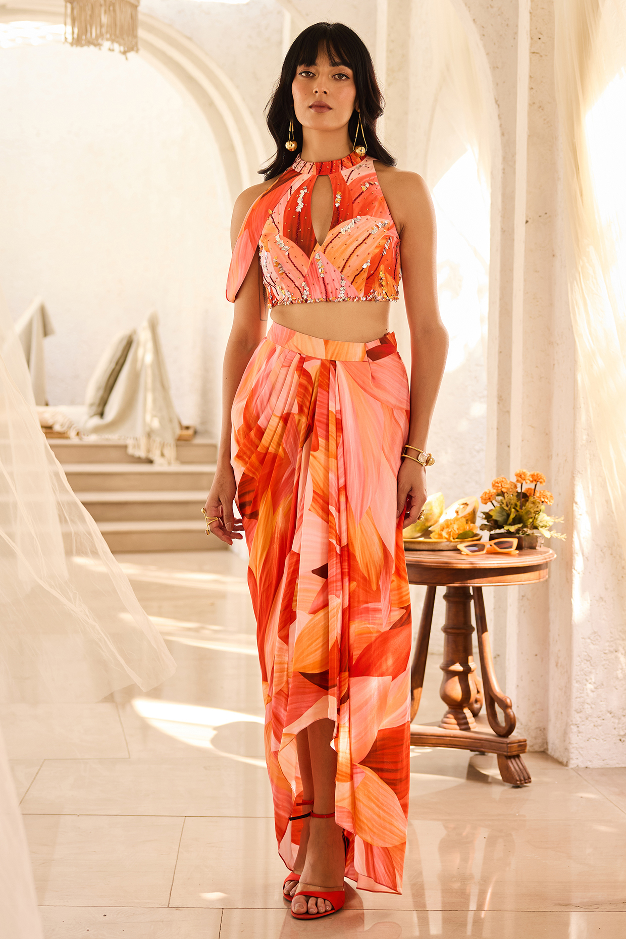 Peach Crepe Petal Printed Dhoti Skirt Set by DiyaRajvvir at Pernia's Pop Up Shop