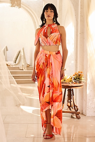 Peach Crepe Petal Printed Dhoti Skirt Set by DiyaRajvvir