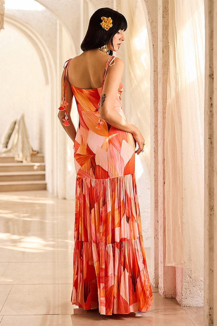 Peach Crepe Petal Printed Tie-Up Maxi Vacation Dress by DiyaRajvvir at Pernia's Pop Up Shop