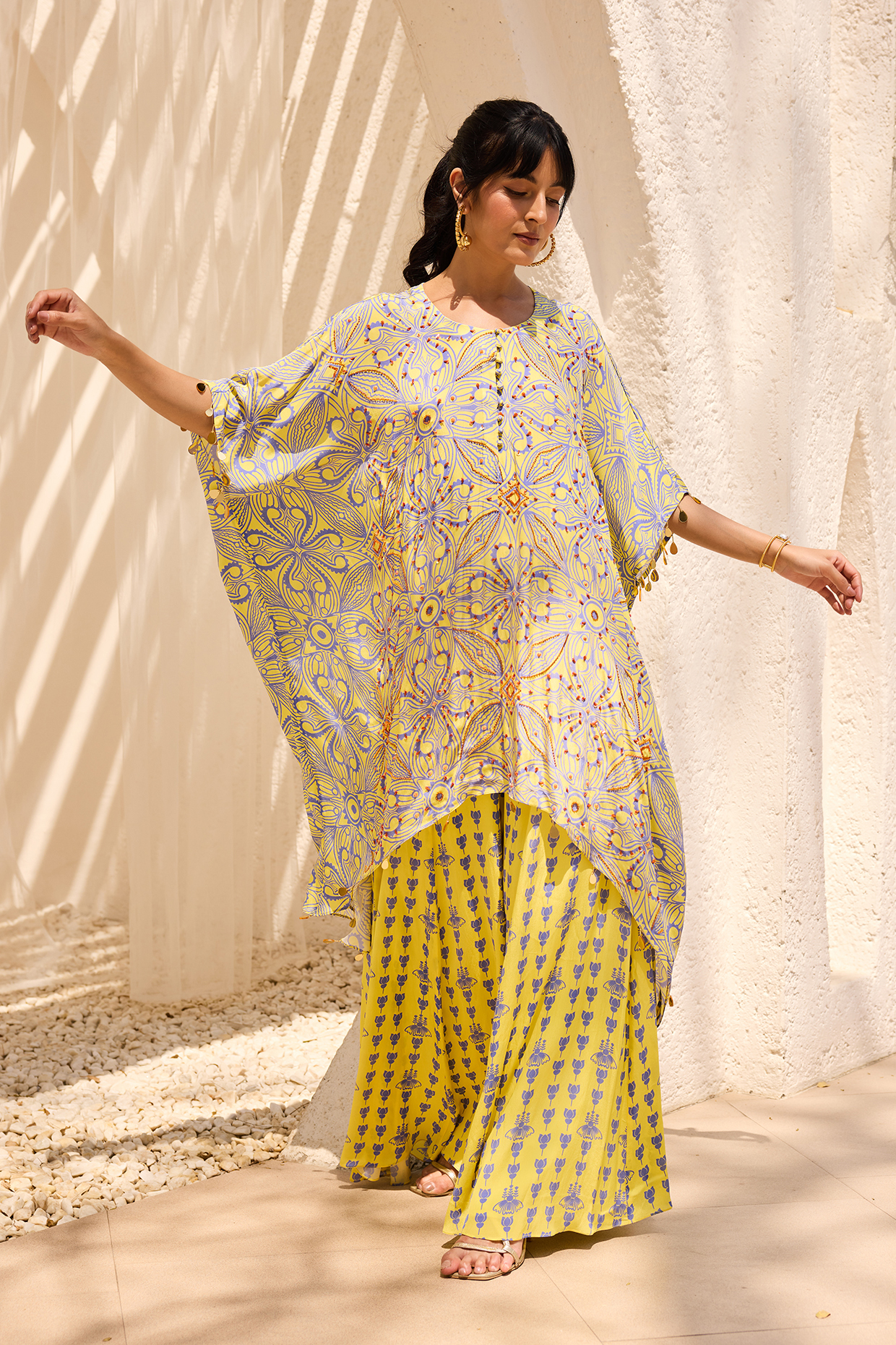 Yellow Crepe Printed Asymmetric Tunic Set by DiyaRajvvir at Pernia's Pop Up Shop