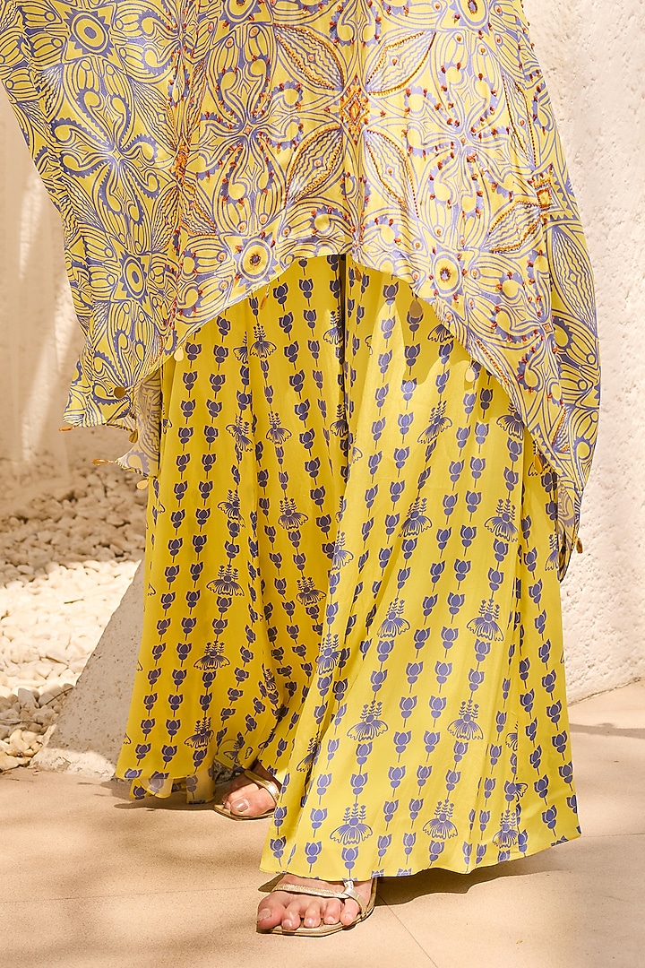 Yellow Crepe Printed Asymmetric Tunic Set by DiyaRajvvir at Pernia's Pop Up Shop