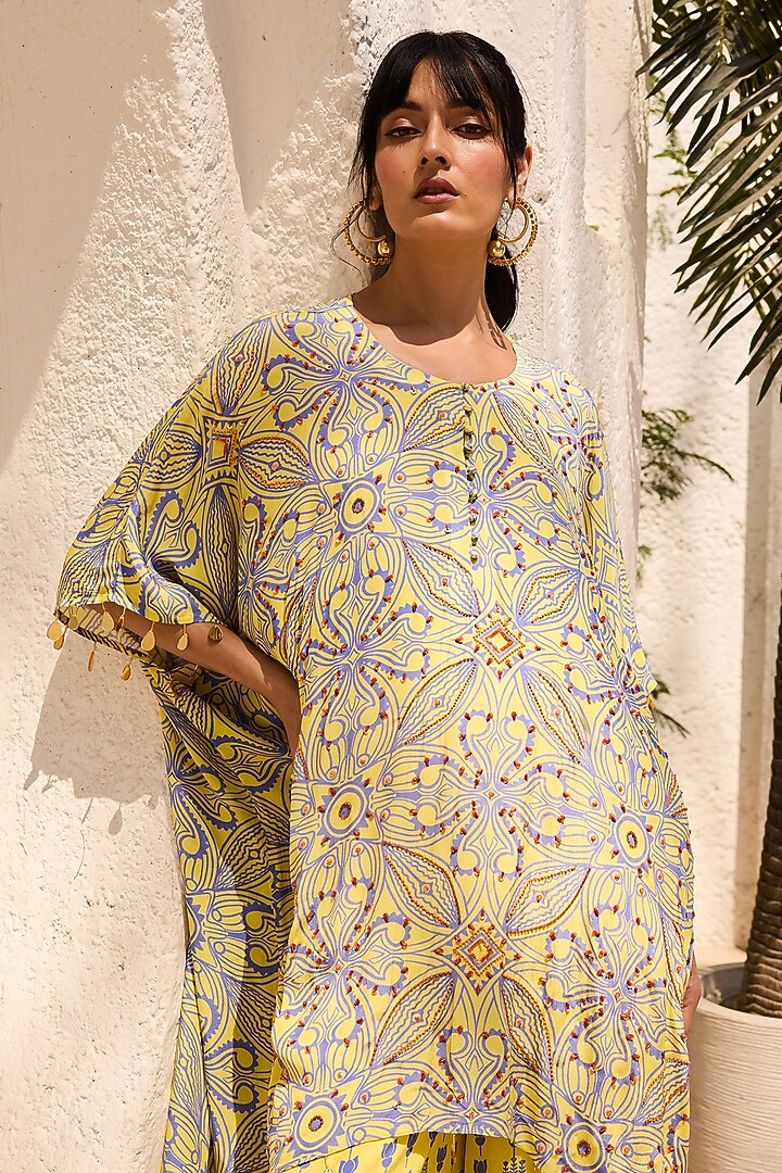 Yellow Crepe Printed Asymmetric Tunic Set by DiyaRajvvir at Pernia's Pop Up Shop