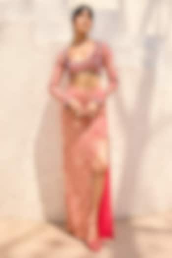 Pink Crepe Printed Asymmetric Slit Skirt Set by DiyaRajvvir at Pernia's Pop Up Shop