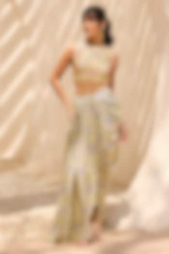 Mellow Yellow Crepe Asymmetric Printed Dhoti Skirt Set by DiyaRajvvir at Pernia's Pop Up Shop