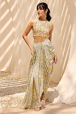Mellow Yellow Crepe Asymmetric Printed Dhoti Skirt Set by DiyaRajvvir