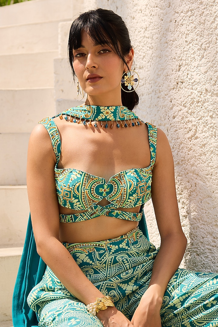 Teal Crepe Printed Flared Pant Set by DiyaRajvvir at Pernia's Pop Up Shop