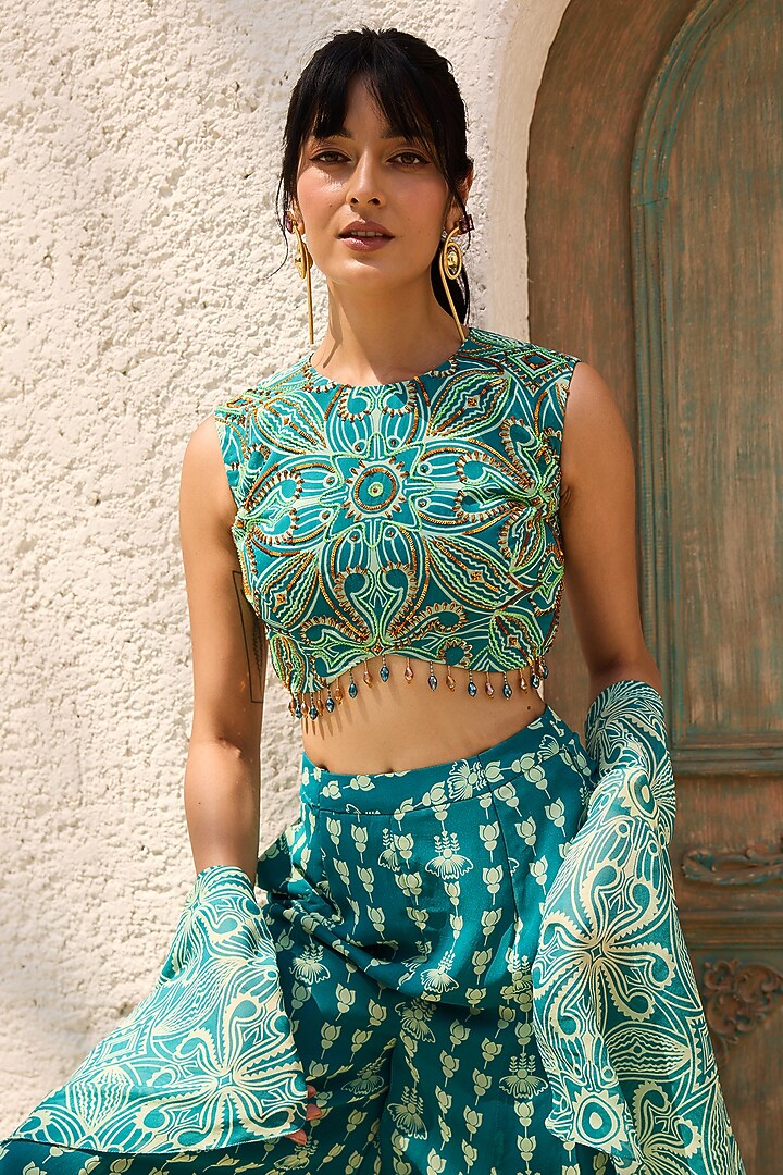 Teal Georgette Printed Flared Pant Set by DiyaRajvvir at Pernia's Pop Up Shop