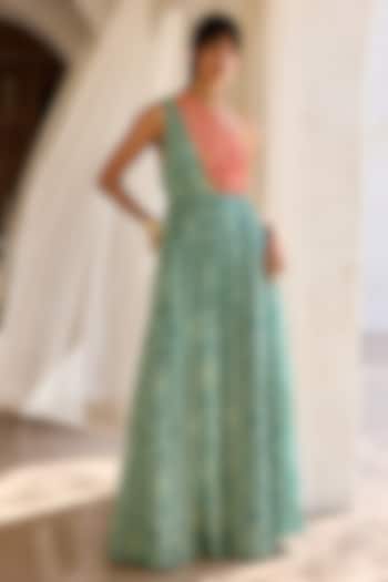 Teal & Pink Georgette Asymmetric Printed Ruched Vacation Dress by DiyaRajvvir at Pernia's Pop Up Shop