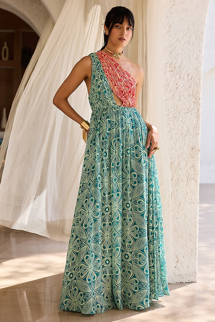 Teal & Pink Georgette Asymmetric Printed Ruched Vacation Dress by DiyaRajvvir at Pernia's Pop Up Shop
