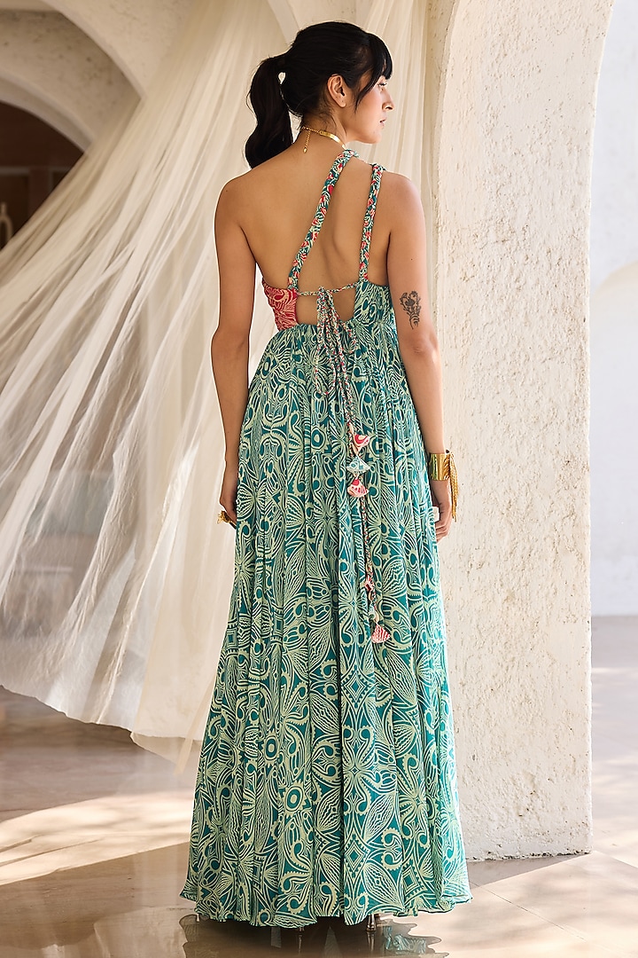 Teal & Pink Georgette Asymmetric Printed Ruched Vacation Dress by DiyaRajvvir at Pernia's Pop Up Shop