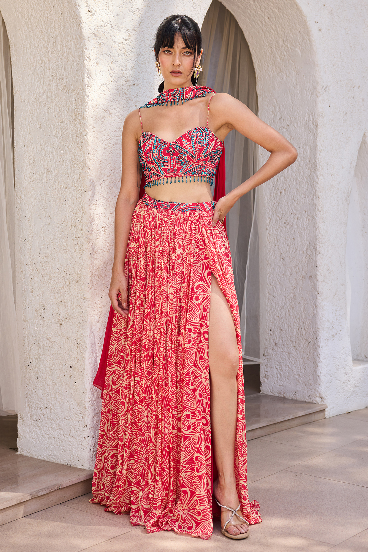 Pink Georgette Asymmetric Printed Gathered Skirt Set by DiyaRajvvir at Pernia's Pop Up Shop
