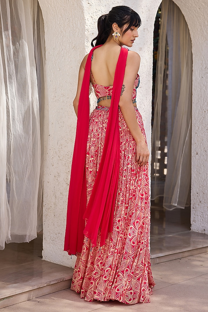Pink Georgette Asymmetric Printed Gathered Skirt Set by DiyaRajvvir at Pernia's Pop Up Shop