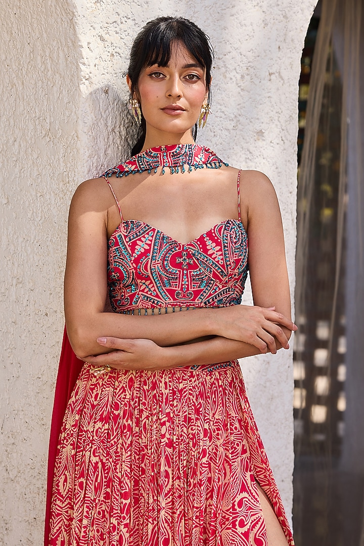 Pink Georgette Asymmetric Printed Gathered Skirt Set by DiyaRajvvir at Pernia's Pop Up Shop