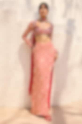 Pink Crepe Asymmetric Printed Slit Skirt Set by DiyaRajvvir at Pernia's Pop Up Shop