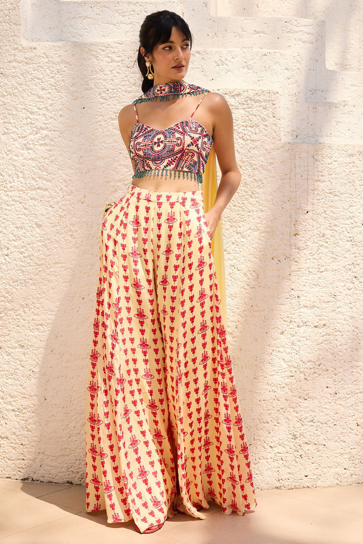 Yellow Crepe Asymmetric Printed Pant Set by DiyaRajvvir at Pernia's Pop Up Shop
