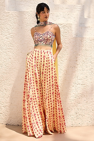 Yellow Crepe Asymmetric Printed Pant Set by DiyaRajvvir