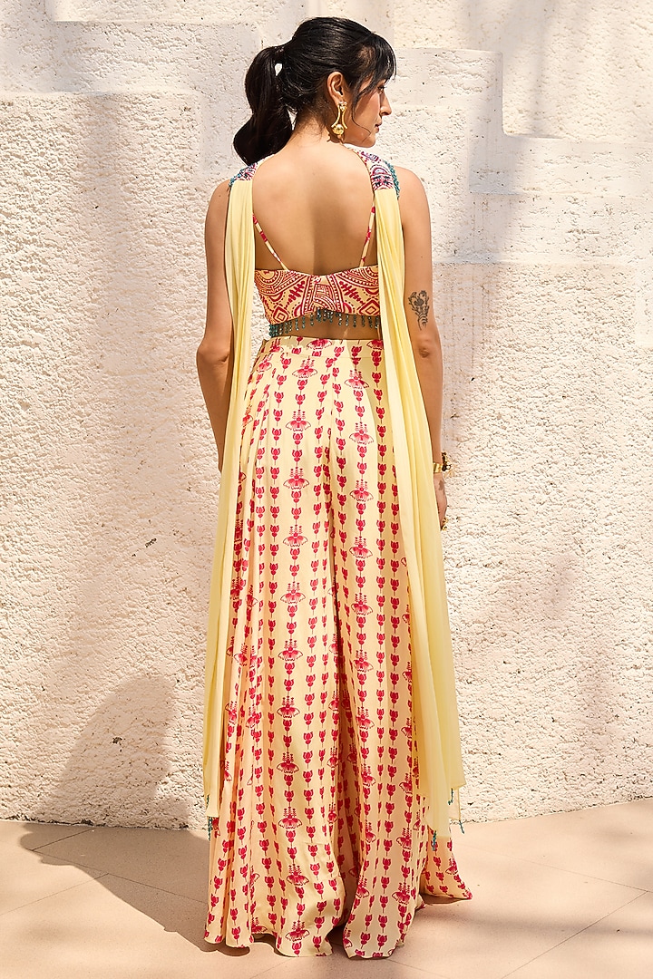Yellow Crepe Asymmetric Printed Pant Set by DiyaRajvvir at Pernia's Pop Up Shop