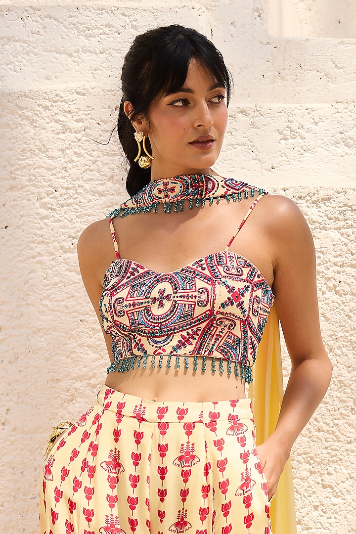 Yellow Crepe Asymmetric Printed Pant Set by DiyaRajvvir at Pernia's Pop Up Shop