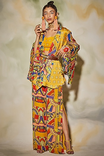 Yellow Printed Kimono Set by DiyaRajvvir at Pernia's Pop Up Shop