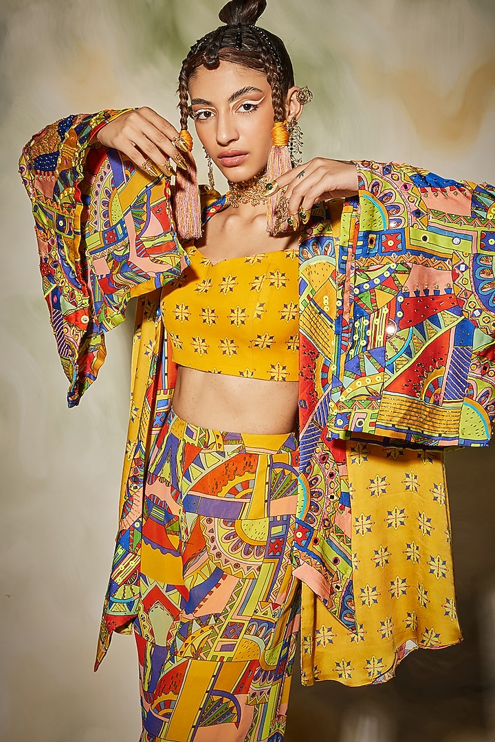 Yellow Printed Kimono Set by DiyaRajvvir at Pernia's Pop Up Shop