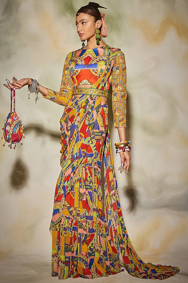 Multi-Colored Georgette & Modal Satin Geometric Printed Gharara Saree Set by DiyaRajvvir