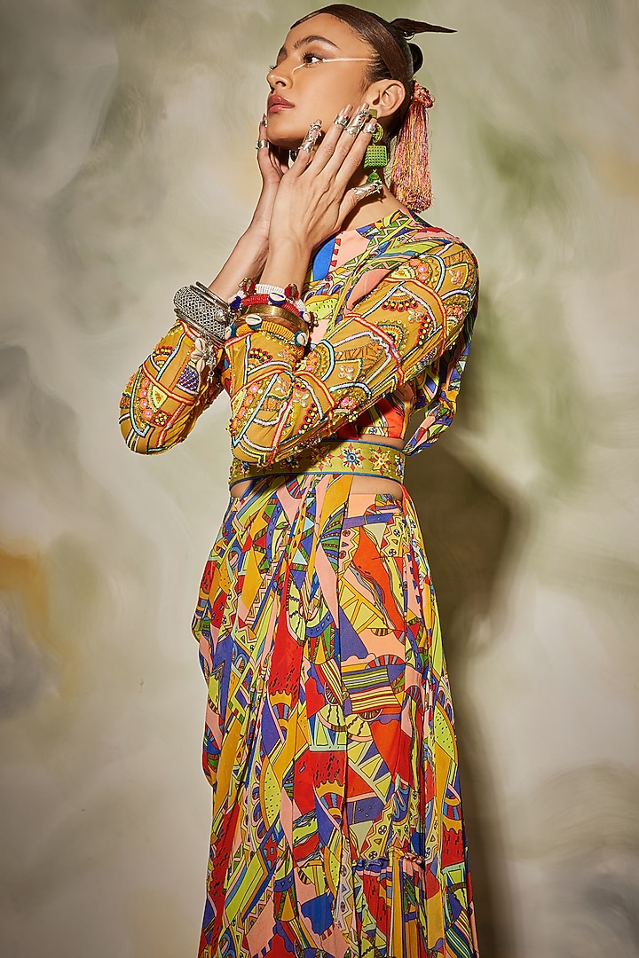 Multi-Colored Georgette & Modal Satin Geometric Printed Gharara Wedding Saree Set by DiyaRajvvir at Pernia's Pop Up Shop