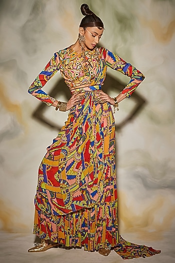 Multi-Colored Georgette & Modal Geometric Printed Gharara Wedding Saree Set by DiyaRajvvir at Pernia's Pop Up Shop