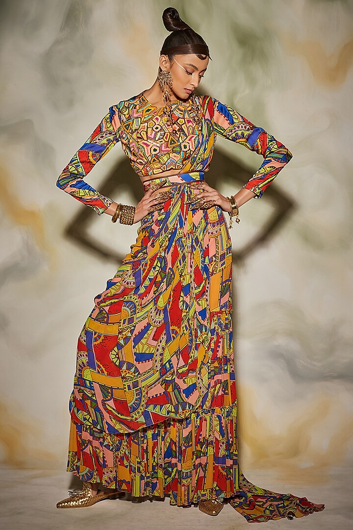 Multi-Colored Georgette & Modal Geometric Printed Gharara Saree Set by DiyaRajvvir