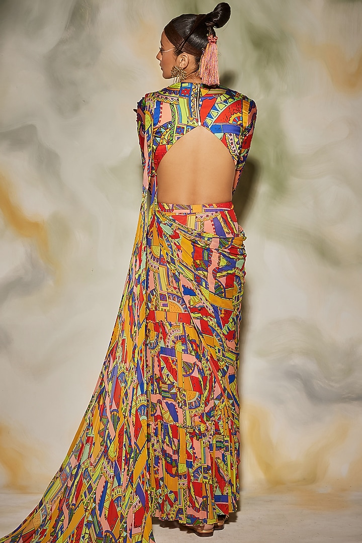 Multi-Colored Georgette & Modal Geometric Printed Gharara Wedding Saree Set by DiyaRajvvir at Pernia's Pop Up Shop