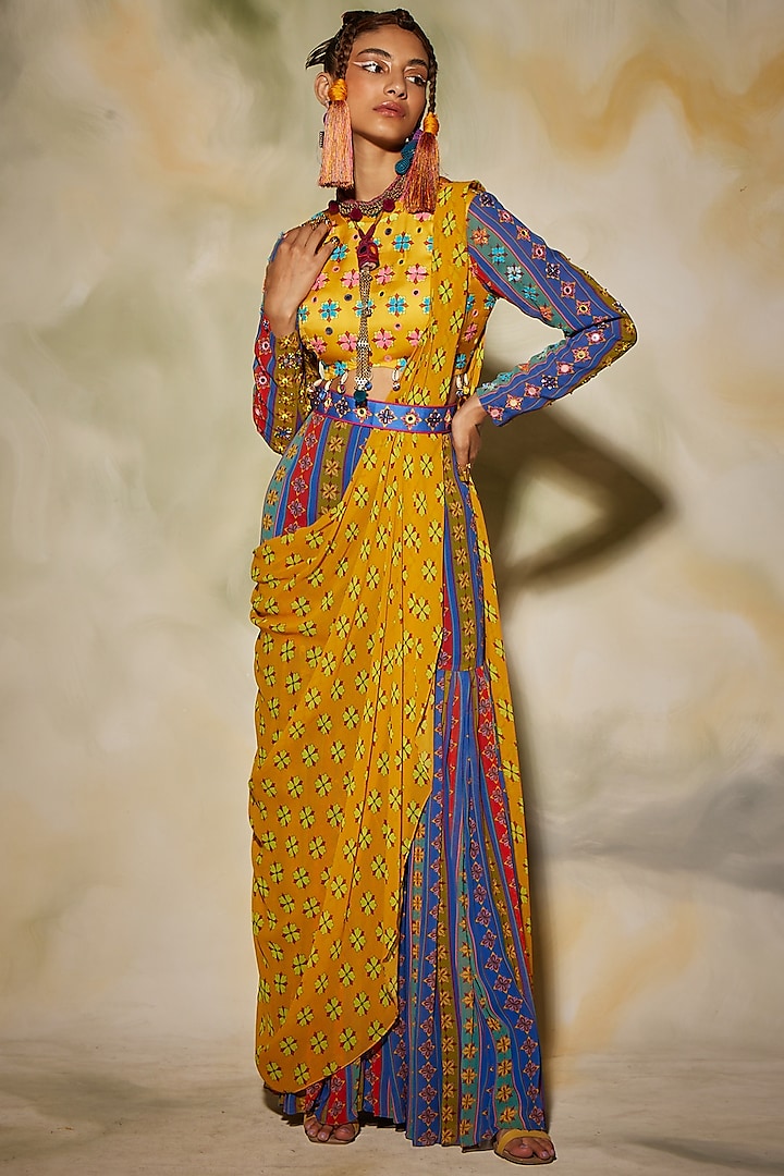 Multi-Colored Georgette & Modal Stripe Printed Gharara Saree Set by DiyaRajvvir