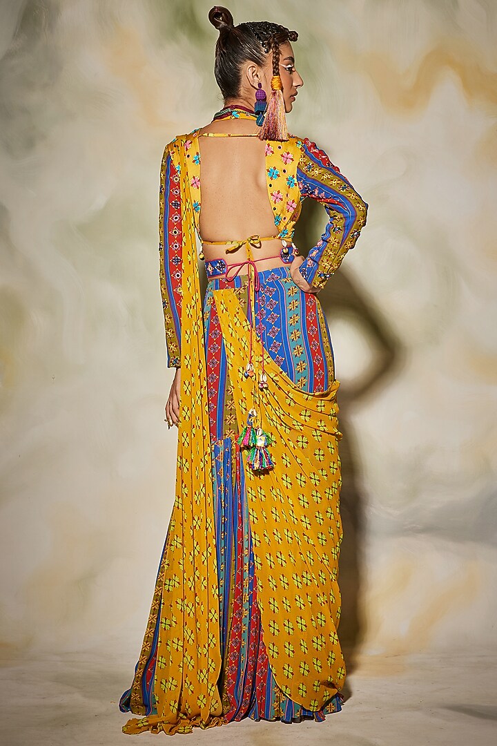Multi-Colored Georgette & Modal Stripe Printed Gharara Wedding Saree Set by DiyaRajvvir at Pernia's Pop Up Shop