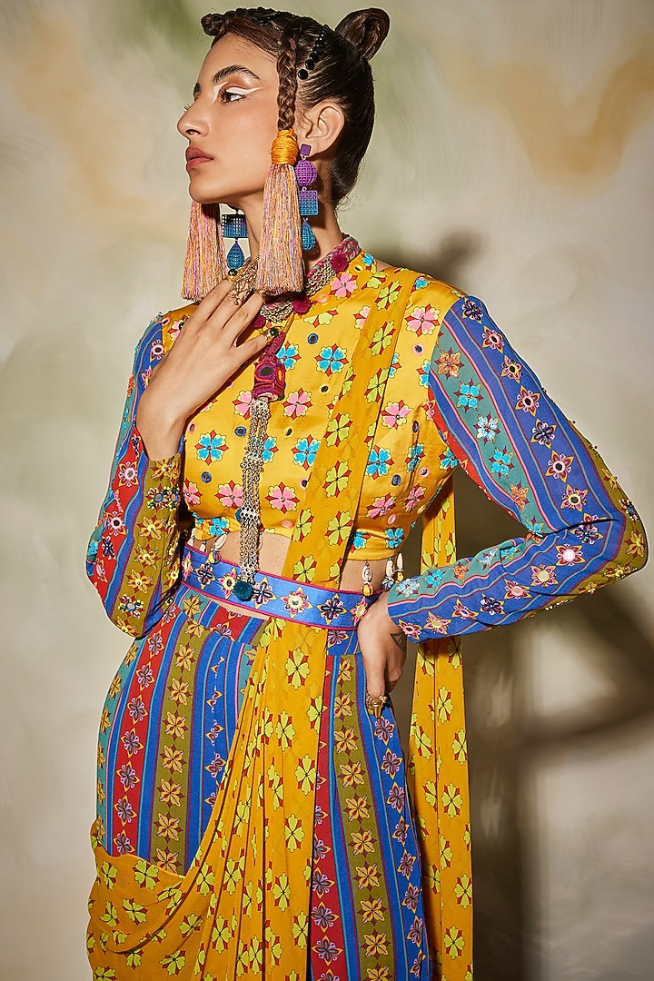 Multi-Colored Georgette & Modal Stripe Printed Gharara Wedding Saree Set by DiyaRajvvir at Pernia's Pop Up Shop
