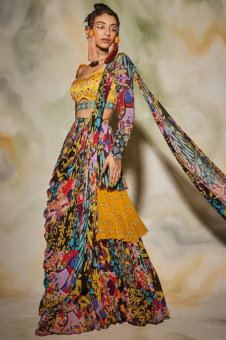 Yellow & Blue Aztec Printed Skirt Saree Set by DiyaRajvvir