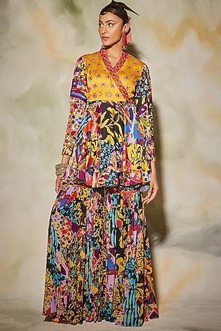 Yellow & Blue Aztec Printed Gharara Set by DiyaRajvvir