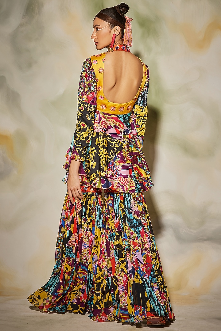Yellow & Blue Aztec Printed Gharara Set by DiyaRajvvir at Pernia's Pop Up Shop