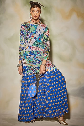 Blue Aztec Printed Kurta Set by DiyaRajvvir