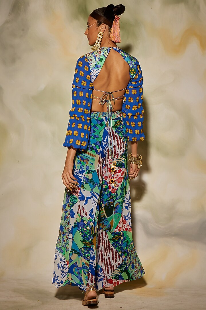 White & Blue Aztec Printed Pant Set by DiyaRajvvir at Pernia's Pop Up Shop