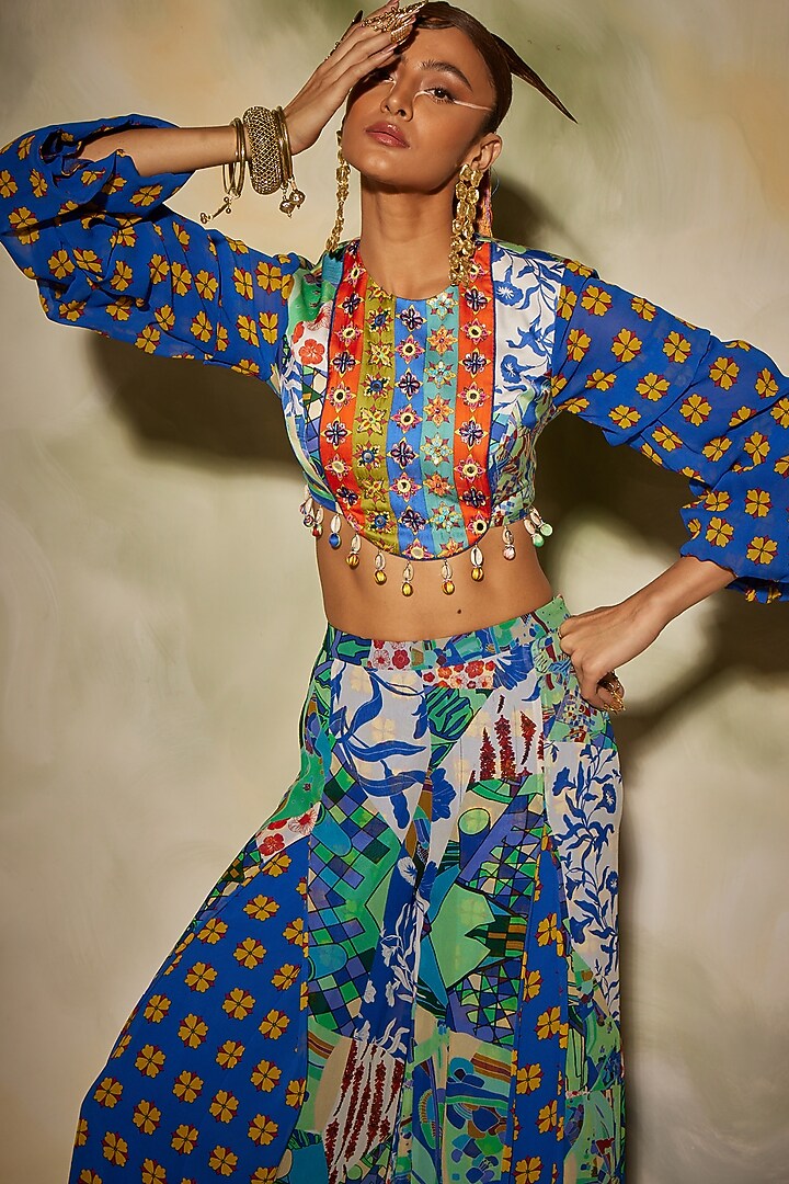 White & Blue Aztec Printed Pant Set by DiyaRajvvir at Pernia's Pop Up Shop