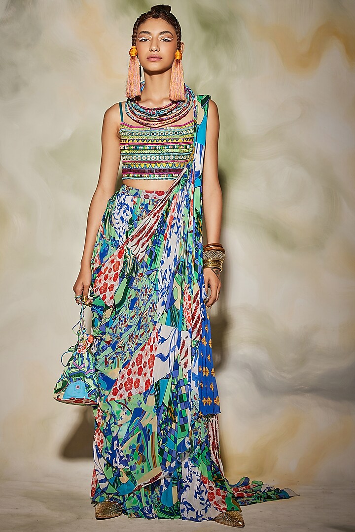 Blue Cotton Silk & Georgette Aztec Printed Pant Saree Set by DiyaRajvvir