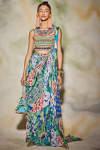 Blue Cotton Silk & Georgette Aztec Printed Pant Saree Set by DiyaRajvvir