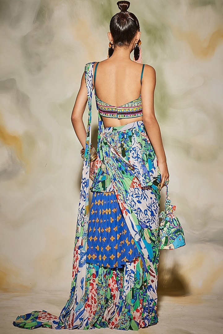 Blue Cotton Silk & Georgette Aztec Printed Pant Wedding Saree Set by DiyaRajvvir at Pernia's Pop Up Shop