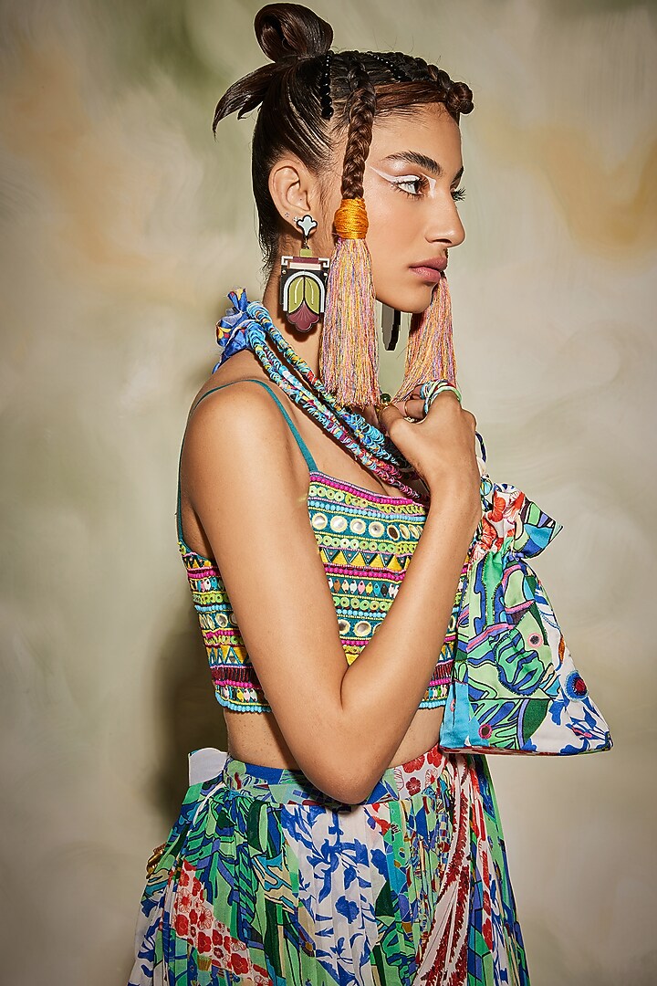 Blue Cotton Silk & Georgette Aztec Printed Pant Wedding Saree Set by DiyaRajvvir at Pernia's Pop Up Shop
