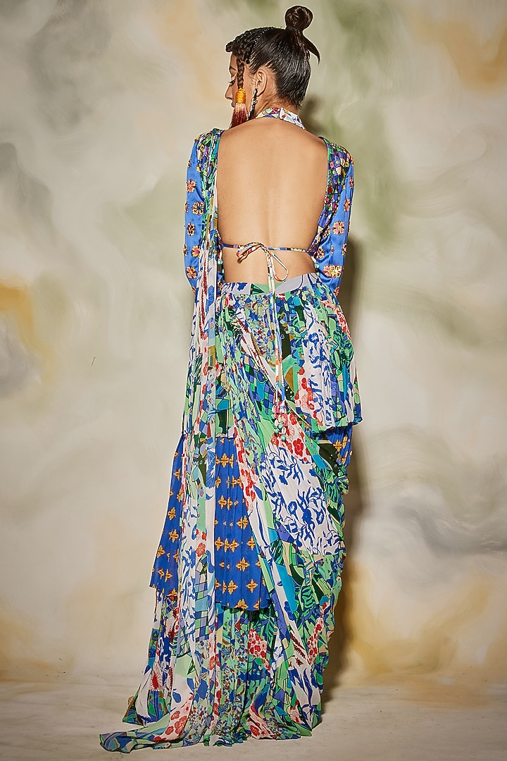 Blue Modal & Georgette Aztec Printed Layered Pant Wedding Saree Set by DiyaRajvvir at Pernia's Pop Up Shop