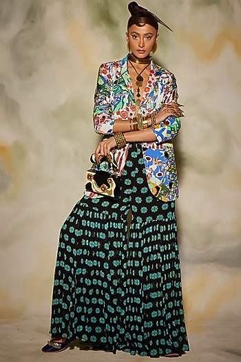 White & Blue Georgette Printed Gharara Set by DiyaRajvvir at Pernia's Pop Up Shop