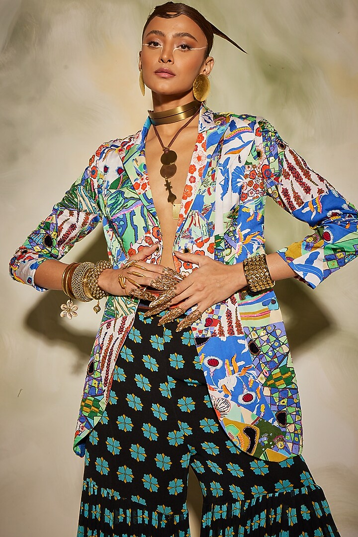 White & Blue Georgette Printed Gharara Set by DiyaRajvvir at Pernia's Pop Up Shop