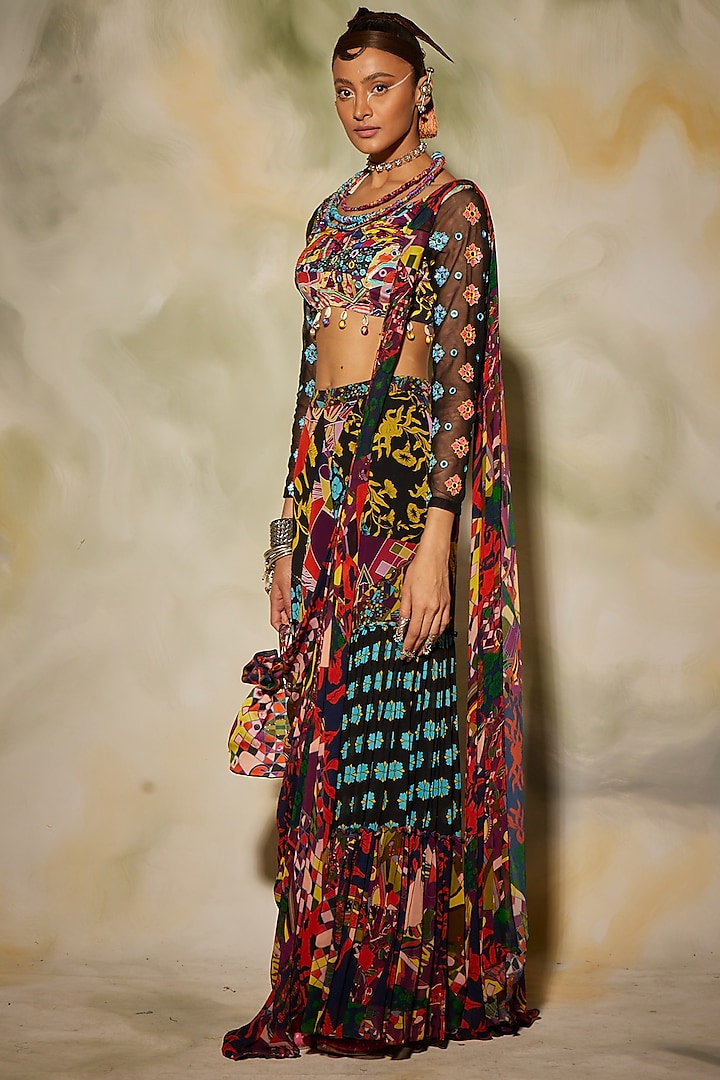 Multi-Colored Georgette & Modal Block Printed Gharara Saree Set by DiyaRajvvir