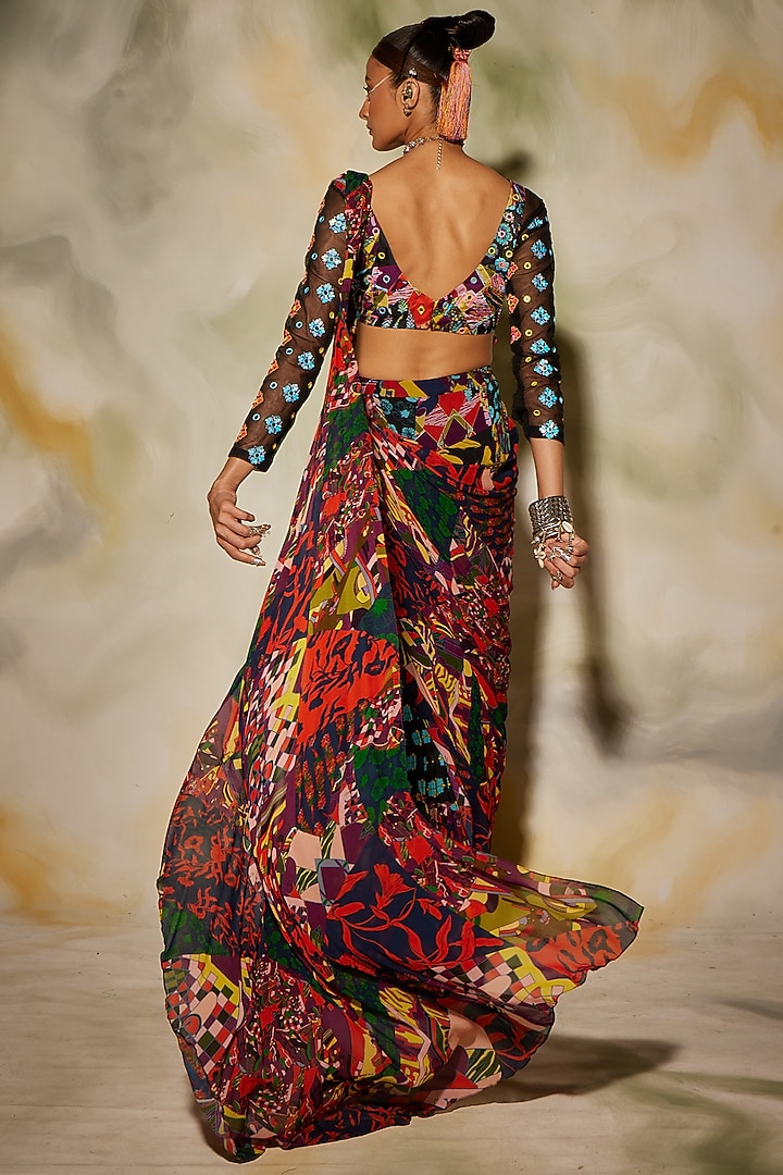 Multi-Colored Georgette & Modal Block Printed Gharara Wedding Saree Set by DiyaRajvvir at Pernia's Pop Up Shop