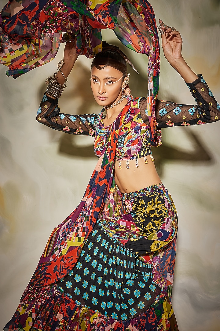 Multi-Colored Georgette & Modal Block Printed Gharara Wedding Saree Set by DiyaRajvvir at Pernia's Pop Up Shop