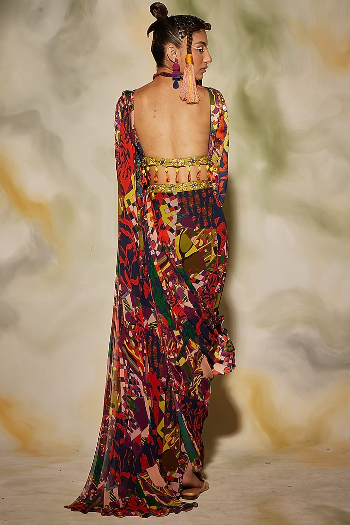 Multi-Colored Modal & Georgette Aztec Printed Sharara Wedding Saree Set by DiyaRajvvir at Pernia's Pop Up Shop