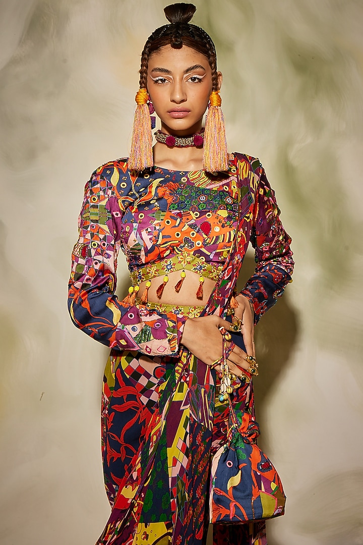 Multi-Colored Modal & Georgette Aztec Printed Sharara Wedding Saree Set by DiyaRajvvir at Pernia's Pop Up Shop